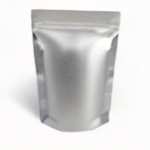 This is an AI-generated image of a foiled, bottom gusseted bag, on a white background. The bag has a rounded base and heat sealed sides, with a tear open and click to seal top.