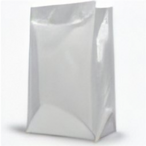This is an AI-generated image of a clear, Bottom Gusseted Polythene Bag, with a rectangular Base. The background is white.