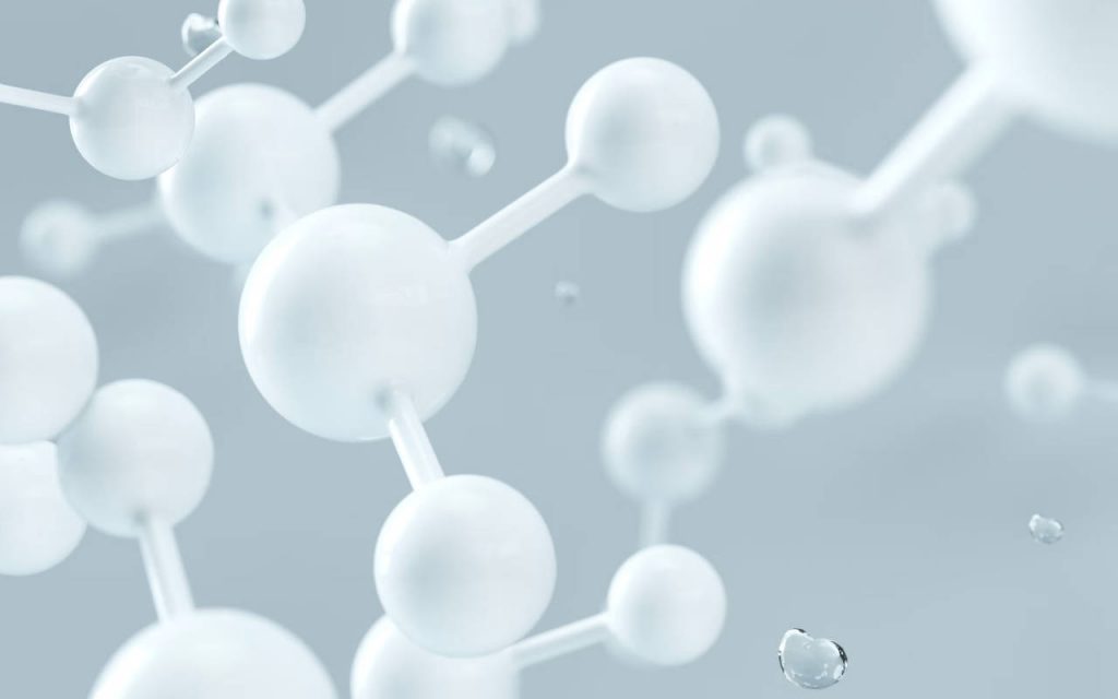 CGI image of white molecules on a pale background, used to explain polymerisation of ethylene gas into polythene