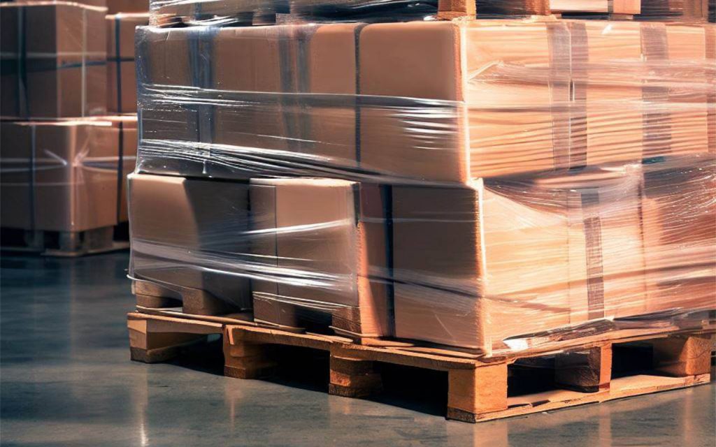 Pallets in a warehouse, loaded with boxes. The loads are wrapped with shrink film.