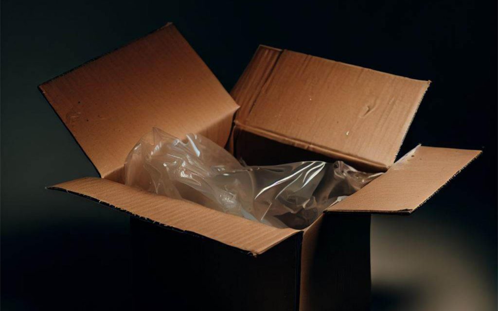 A dark photograph of an opened cardboard box, lined with an inner packaging bag.