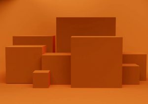 Abstract imagery of orange boxes and packaging design of different sizes, on an orange background.
