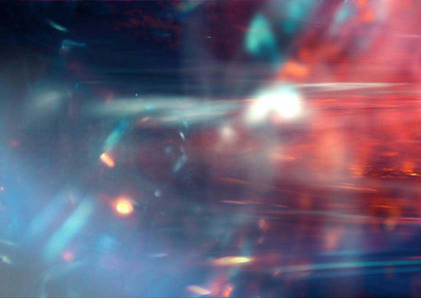 An abstract, blue and red space-like image that appears to be shot through polythene sheeting