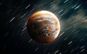 Gas giant planet on a swirling background of stars