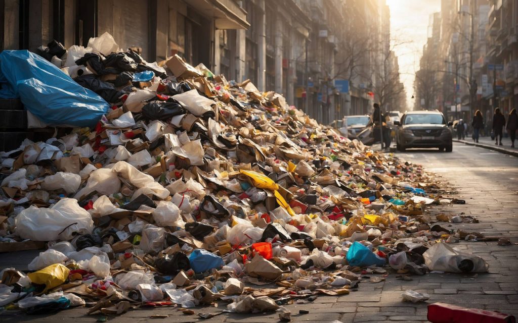 AI generated image – a city street covered in litter, in a huge pile. There's polythene waste and bags, general waste, and lots of plastics. In the background, it's golden hour – a car is facing the camera. A street lined with buildings fades away to a vanishing point. There are several people that can be made out. The image is dominated by the pile of waste and plastic.